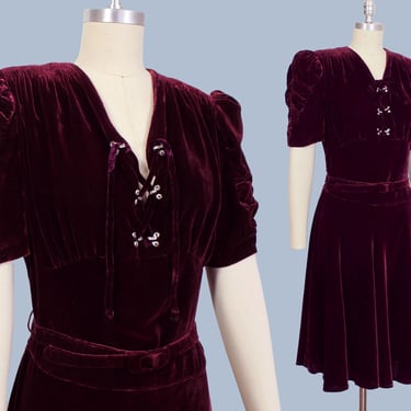 1930s Dress/ Late 30s Early 1940s Velvet LACE UP Puff Sleeve Dress/ Rhinestone Hooks 