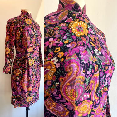 Vintage 60s MOD PAISLEY CHEONGSAM Dress / Wool Jersey Knit + Lined / S 