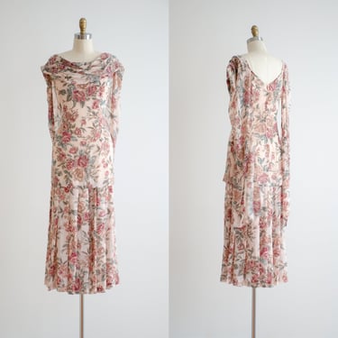pink floral gown 80s vintage 1920s style blush floral beaded pleated floor length formal dress 