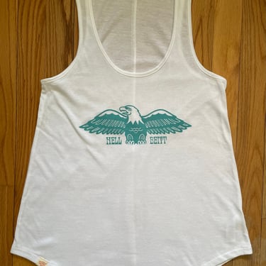 Women’s white soft cotton blend long flowy tank - ‘Hell Bent’ teal blue traditional tattoo eagle graphic print - S-2XL 