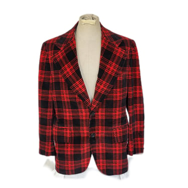 1970's Red Black Plaid Velvet Suit Coat I Blazer I Sz 40