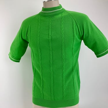1960's Knit Pullover Shirt - Lime Green with White Striped Detail - by GARY REED - Virgin Acrylic - MOD Styling - Men's Size Medium 