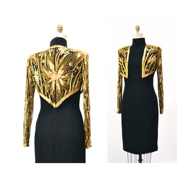 90s Vintage BOB MACKIE Dress Sequin Dress Size Medium// Vintage Black Gold Party Dress with Sequin Beaded Bolero Jacket by Bob Mackie Stars 