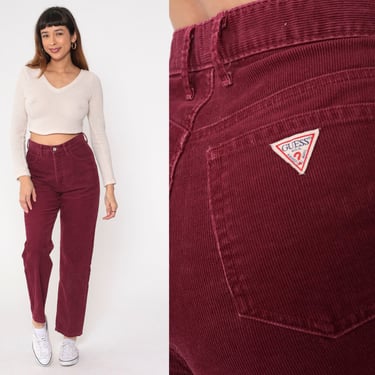 Guess Corduroy Pants 90s Burgundy Trousers Relaxed Straight Leg Mom Pants 1990s Tapered High Rise Pants Vintage Medium 31 