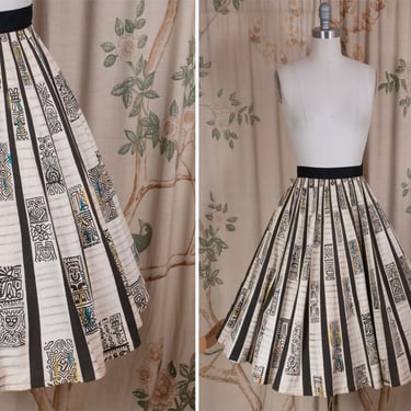 1950s Skirt - Elegant Vintage 50s  Mexican Circle Skirt in Dramatic Black and White Floral with Silver Sequins 