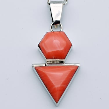 60's dark pink coral 925 silver Modernist hinged pendant, vibrant edgy geometric sterling necklace 