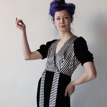 1970s Black & White Striped Velvet Dress 