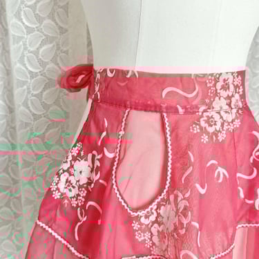 Sheer Red Hostess Apron, Chiffon, Silver Rickrack Trim, White Embossed Pattern, Vintage 50s 60s Home Kitchen, Homestead, Trad Wife 