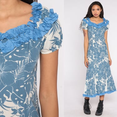 Hawaiian Floral Dress 80s Blue Tropical Ankle Length Maxi Ruffle Puff Sleeve Dress Festival 1980s Hippie Bohemian Vintage Extra Small XS S 
