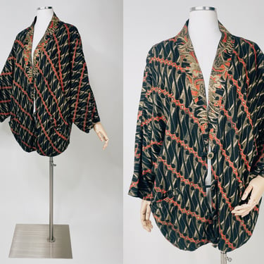 1970s-1980s Orange Gold & Black Abstract Print Kimono w Black Lining, Button Front by Rainbow-Jo Maui Hawaii | Vintage, Unique, Comfy 
