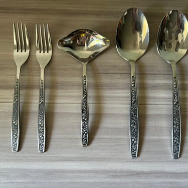 Vintage Stainless Flatware set, Pageant Harvest flatware, 5 serving pieces, embossed Fruit and Flowers flatware, Serving Set, Hostess Set 