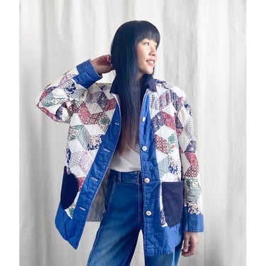 Quilt Oversized Chore Jacket - vintage 1980s Tumbling blocks quilt corduroy navy floral blue women's winter long coat blazer one-of-a-kind 