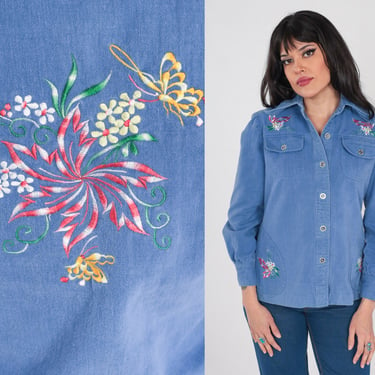 Floral Denim Shirt 70s Embroidered Blue Jean Button Up Top Long Sleeve Collared Flower Blouse Bohemian Retro Cotton Vintage 1970s Small S 