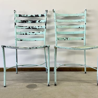 Set of 2 Vintage Metal Chaira Teal Blue Robins Egg Metal Mesh Patio Chairs Outdoor Chairs Deck Balconey Heavy Iron Rusted Shabby 
