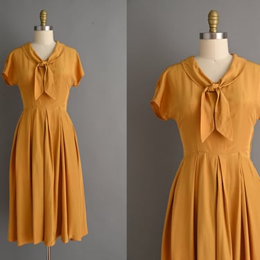 vintage 1950s Dress | Golden Super Soft Rayon Full Skirt Dress | Small 