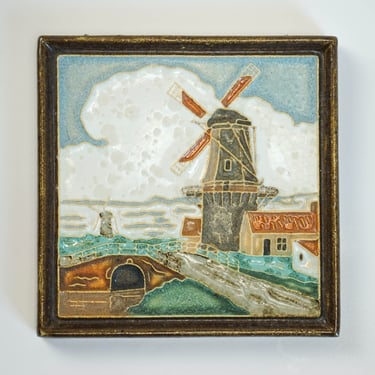 Vintage Dutch Royal Delft Polychrome Cloisonne Textured Ceramic Tile Depicting Windmill and Townscape 