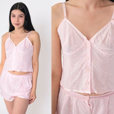 Pink Pajama Set 80s Lingerie Outfit 2 Piece Semi-Sheer Button up Camisole Tank Top Shorts Two Piece Sleepwear Lounge Vintage 1980s Small S 