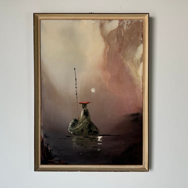 1960's L. Zevallos Moomlight Fishing Boat Landscape Oil Painting, Framed 