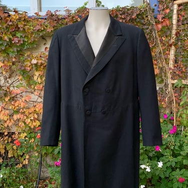 Vintage Morning Coat - Split Tailcoat - Black Wool with Satin Notched Lapels - Double Breasted with Split Tails - Men's Medium 