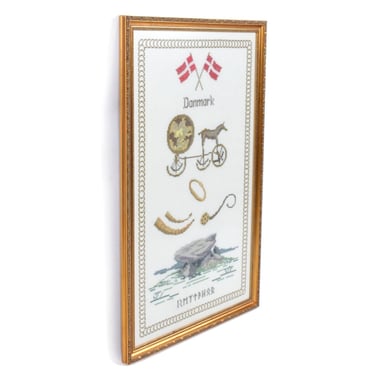 Framed Vintage Traditional Danish Needlepoint Textile Art 