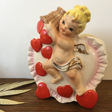 Vintage Valentine's Cupid Planter, Kitschy Blonde Girl Cupid With Basket Of Hearts By Relpo A-1813 