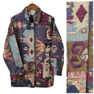 Coldwater Creek Medium Southwest Aztec Western Tapestry Jacket Coat Art To Wear 