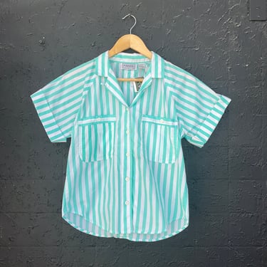 80s Mint Green Striped Button Up Blouse
