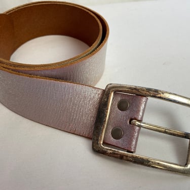 Linea Pelle wide leather women’s  belt pretty champagne pink white washed silver tone brass buckle 90’s y2k size large 33” waist 