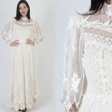 Romantic Victorian Inspired Wedding Gown, Billowy Floral Lace Sheer Sleeves, Classic Vintage 70s Long Bridal Maxi Gown 
