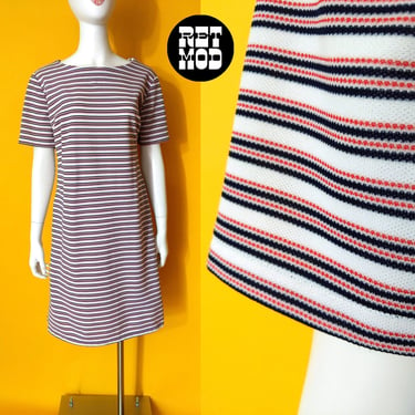 Lovely Vintage 60s 70s White Red Navy Stripe Boatneck Mod Dress 