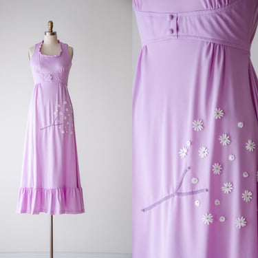purple maxi dress | 60s 70s vintage pastel lavender daisy embroidered cottagecore long dress 