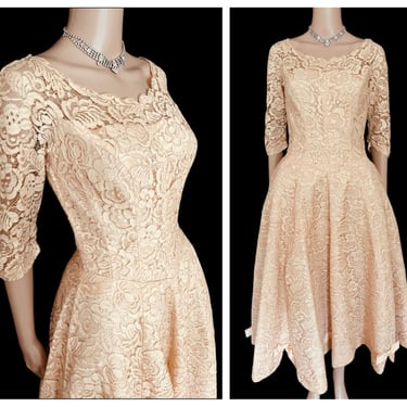 Vintage 1950's Dusty Rose Pink Lace Cocktail Party Dress - Wedding / Bridal - size Small Medium 