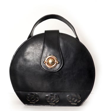 60's Black Leather Round Box Bag Purse, Top Handle, Crossbody, Vintage, 1960's, 1970's Mod Hippie Style, New Old Stock Shoulder Bag 
