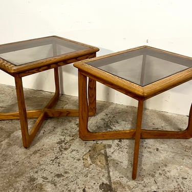 Vintage 60s Mid Century Modern Pair of Lane Furniture Oak Wood & Smoked Glass Coffee Tables 