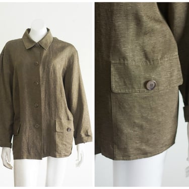 1990s Silk and Linen Olive Green  Blouse 