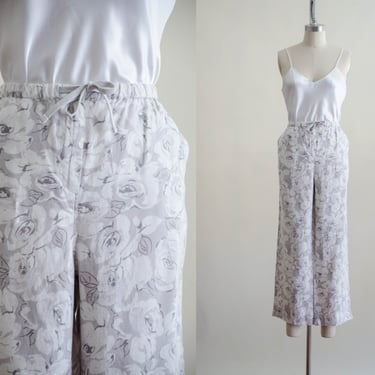 wide leg linen pants | 90s y2k vintage gray white floral elastic waist loose high waisted pants 