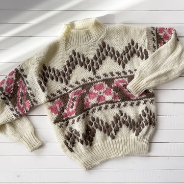 white chunky sweater | 70s 80s vintage cream brown pink hand knit dark academia warm turtleneck sweater 