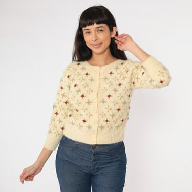 Floral Wool Cardigan 00s Cream Button Up Knit Sweater Pink