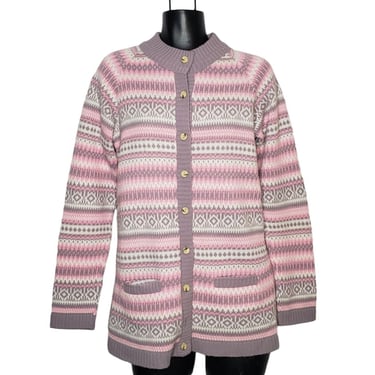 VINTAGE Jacquard Cardigan, Avon Knit Nordic Fair Isle Button Front Acrylic Sweater, Fall Soft Girl, Twee, Pastel Winter Vintage Clothing 