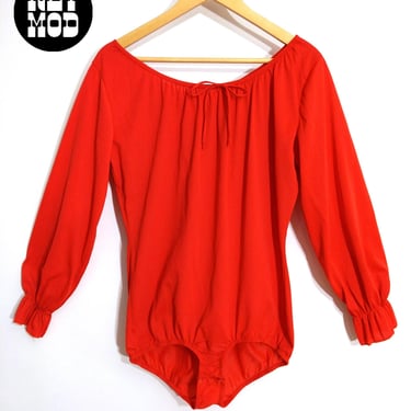 Lovely Vintage 60s 70s Orange-Red Peasant Style Blouse Bodysuit 