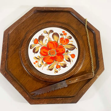 Vintage Cheese Cracker Plate Attached Knife Orange Flower Power Flowers Cutting Board Charcuterie Teak MCM 1970s 