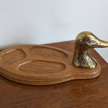 Vintage Brass and Wood Duck Jewelry Dish Valet Tray 