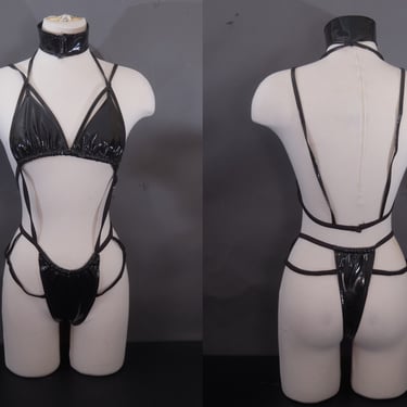 90s Fredericks of Hollywood Black Faux Leather Strappy Thong Bodysuit – Sexy High Cut, Unworn with Tags, One Size, Made in USA 