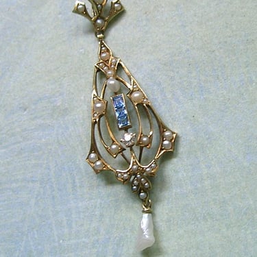 Antique 14K Gold, Diamond, Pearl and Sapphire Edwardian Lavaliere Pendant, Antique 14k Gold Lavaliere Pendant, Bridal Jewelry  (#4458) 