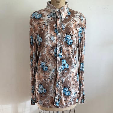 Light Brown and Blue Floral Print Shirt - 1970s 