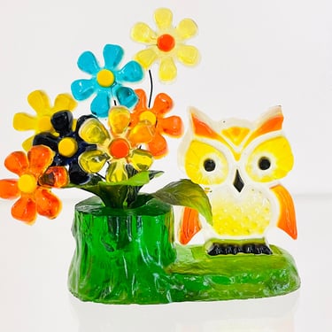 Vintage 1970s Retro MOD Groovy Lucite Resin Orange Owl Flower Power Stems Art Sculpture 