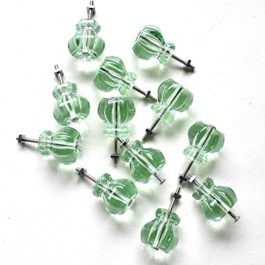 12 Depression Style Coke Bottle Green Glass Hexagon Drawer Knobs - Hand Made Molded Glass 