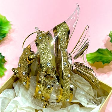 SUPPLY: Gold Fish Ornament - Handblown Glittered Fish - Christmas Ornament - Fish Ornament - Glass Fish - 