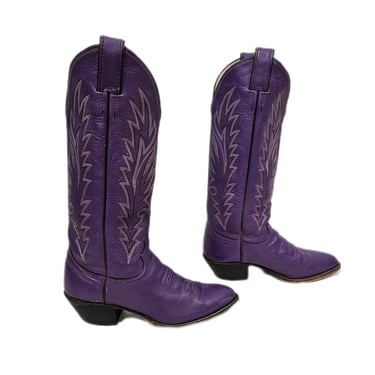 1970s Flame Stitched Tall Purple Leather Justin Western Cowboy Boots I Marked Sz 5 Measure: 10