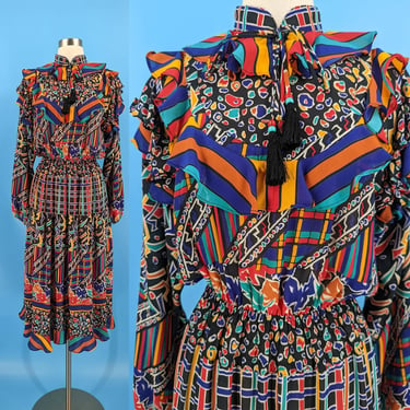 Vintage 80s Diane Freis Georgette Small / Medium Multicolor Ruffle Multi Print Long Sleeve High Collar Dress 